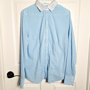 Wallmann Shirt Womens XL 44 Blue White Gingham Embroidered Collar Button Stretch